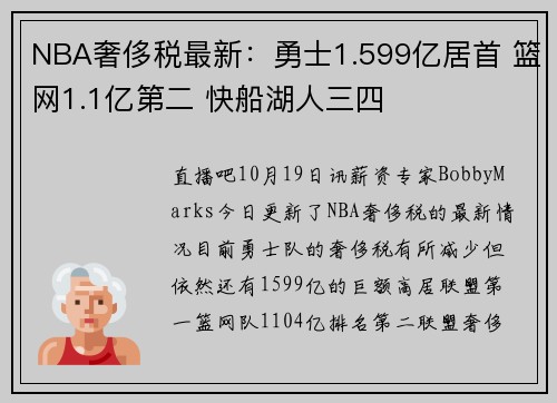 NBA奢侈税最新：勇士1.599亿居首 篮网1.1亿第二 快船湖人三四