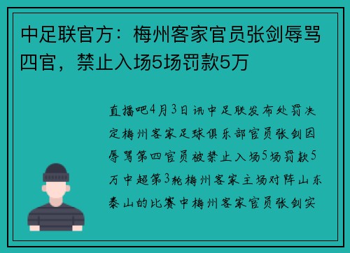 中足联官方：梅州客家官员张剑辱骂四官，禁止入场5场罚款5万