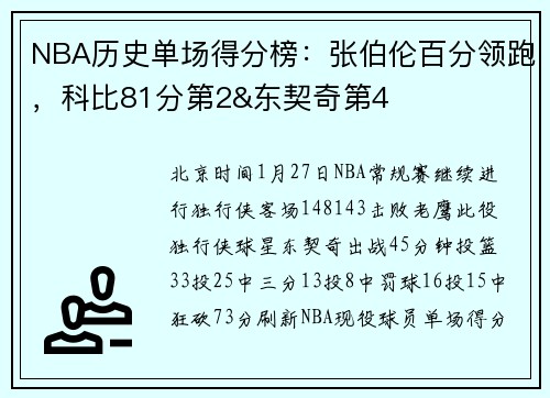 NBA历史单场得分榜：张伯伦百分领跑，科比81分第2&东契奇第4