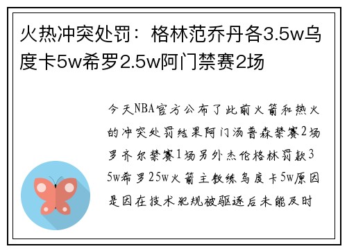 火热冲突处罚：格林范乔丹各3.5w乌度卡5w希罗2.5w阿门禁赛2场
