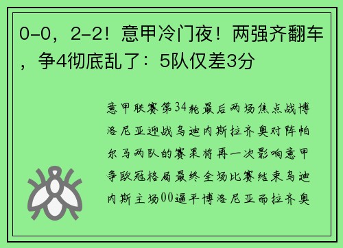 0-0，2-2！意甲冷门夜！两强齐翻车，争4彻底乱了：5队仅差3分