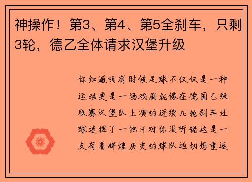 神操作！第3、第4、第5全刹车，只剩3轮，德乙全体请求汉堡升级