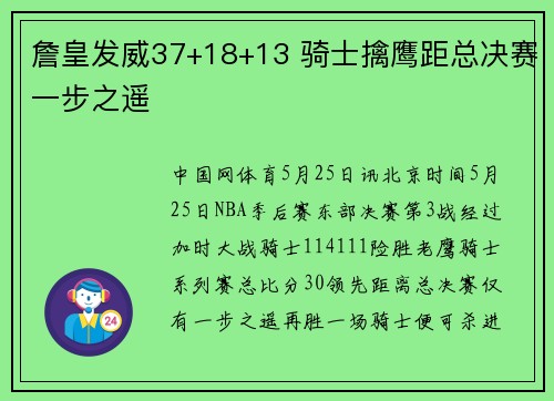詹皇发威37+18+13 骑士擒鹰距总决赛一步之遥